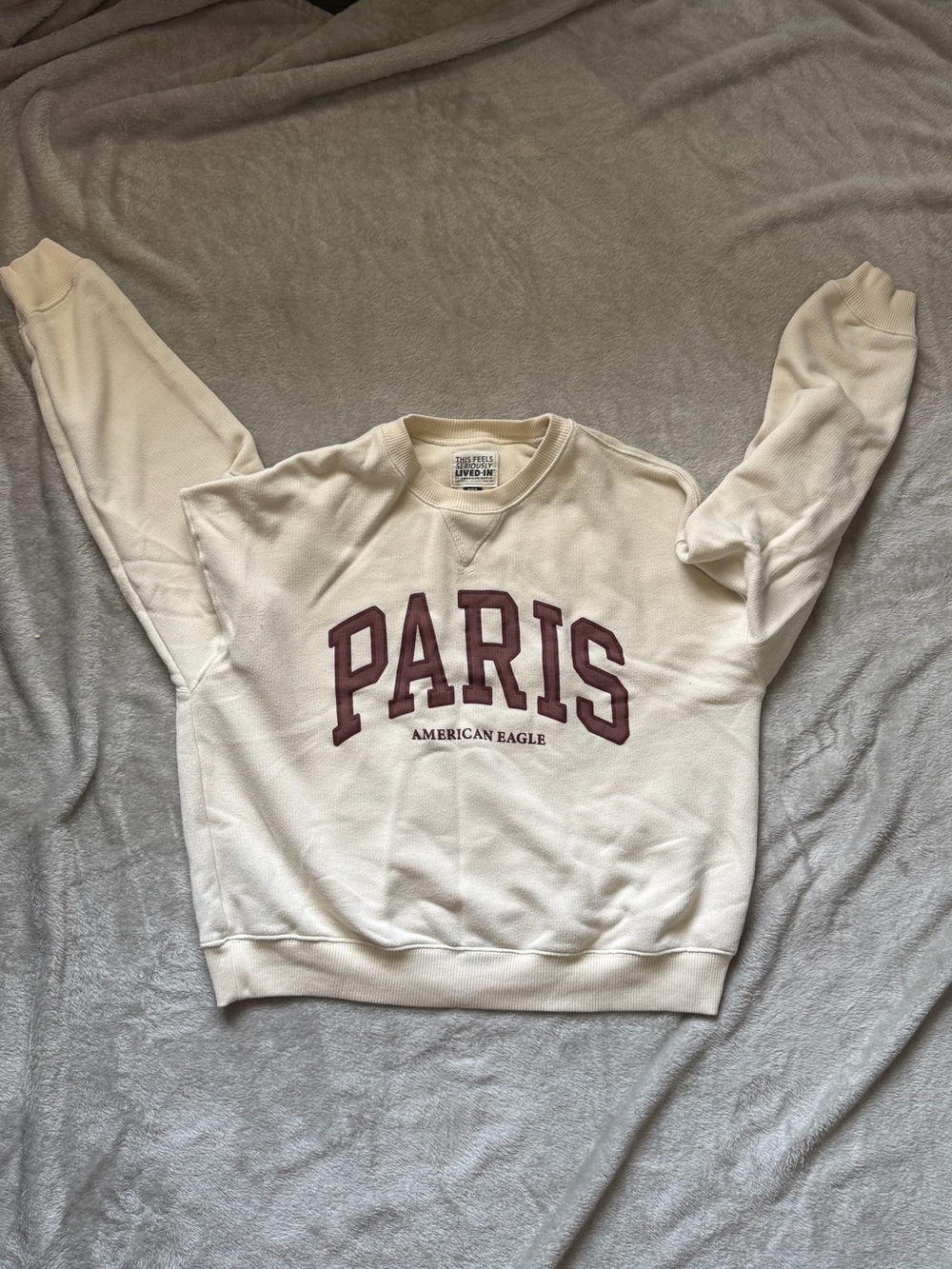 American Eagle Outfitters Cream Crewneck Sweatshirt with Burgundy PARIS Graphic